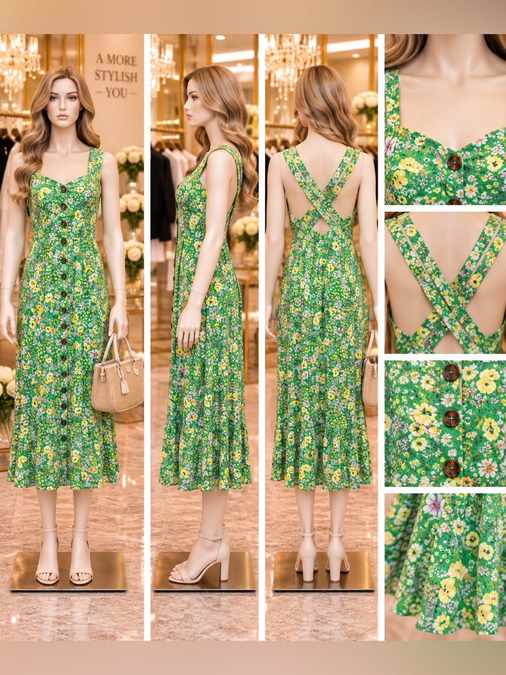 LOFT Green Floral Cross-Back Midi Dress